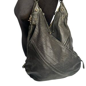 Botkier Large Hobo Bag Black Leather & Snakeskin Panel Double Compartment Tassel